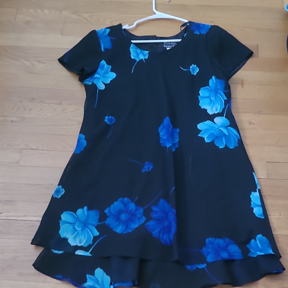 Girls Black Short-Sleeve Dress with Blue Floral Print